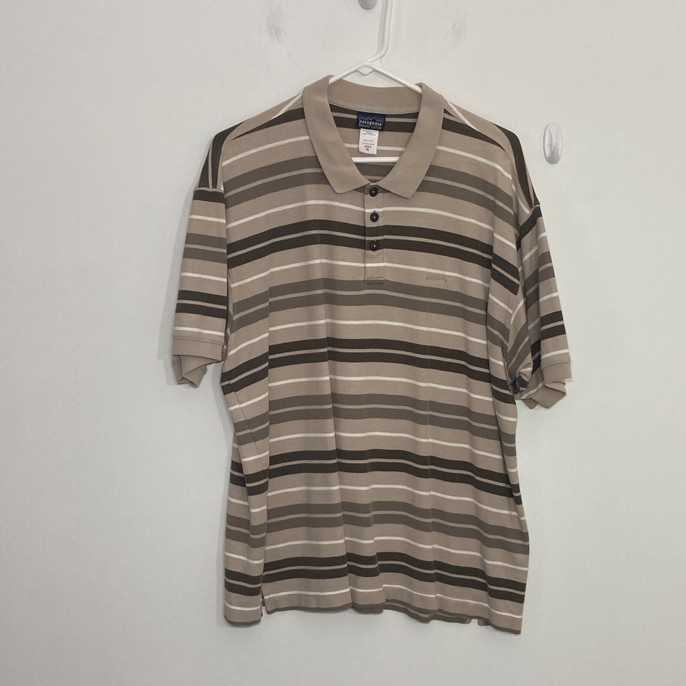 Patagonia Mens Polo XL Extra Large Brown Stripe Organic Cotton Sustainable